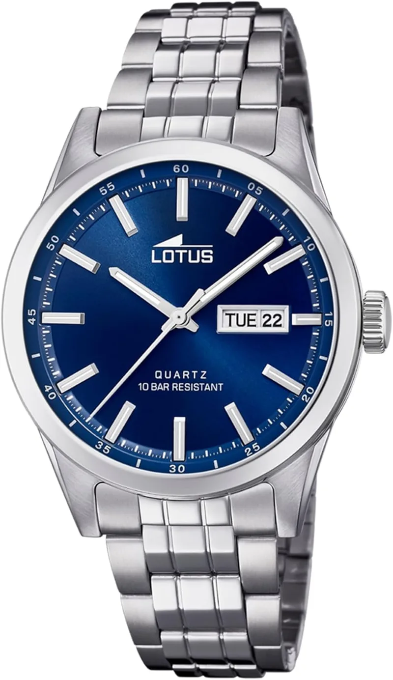 LOTUS ▫️ Relógio analógico para homem em aço inoxidável 316 com banho de prata - Movimento de quartzo - Calendário - Cristal mineral de alta resistência - Resistência à água 10 ATM Classic 18670