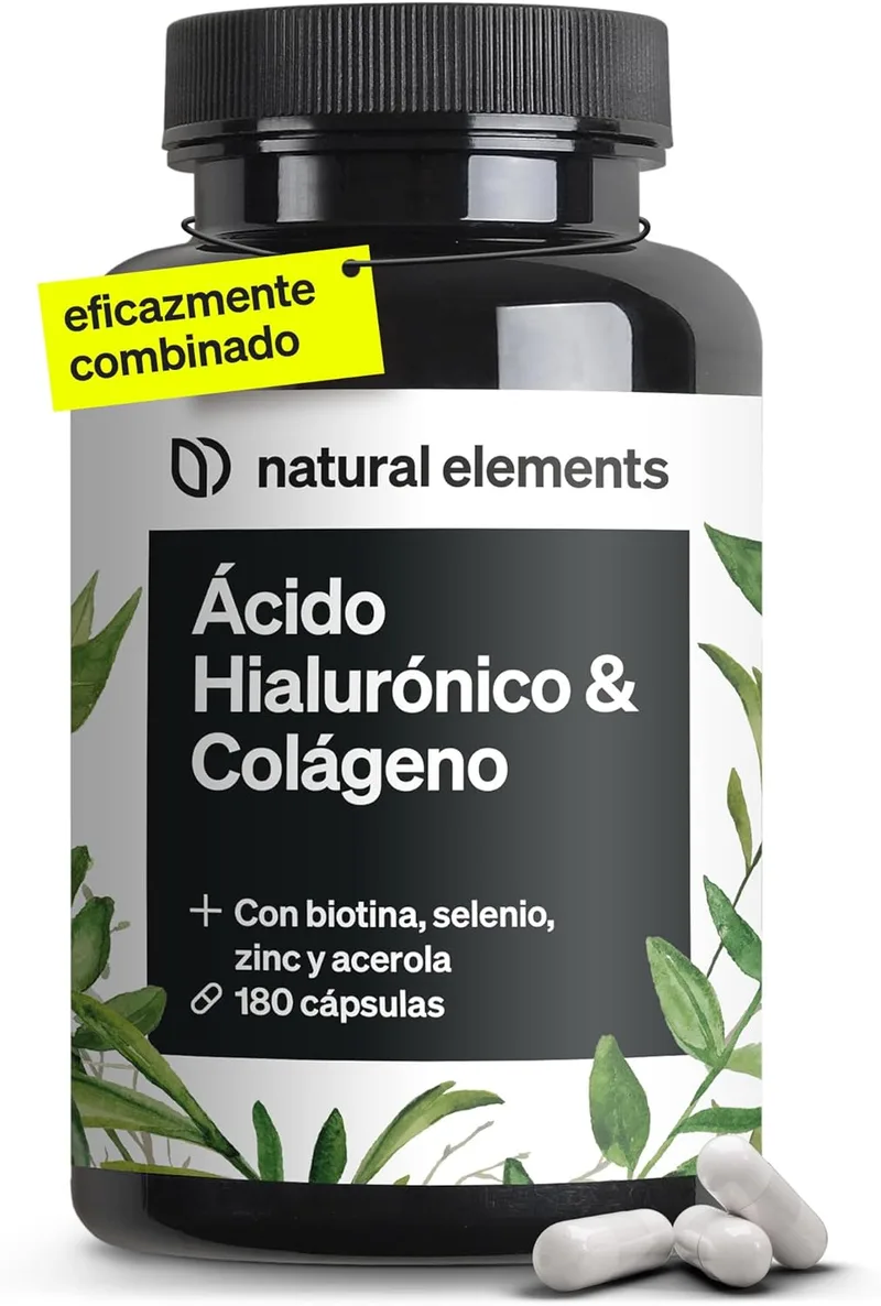 natural elements ▫️ Colagénio + Ácido Hialurónico - 180 Cápsulas - Com biotina, selénio, zinco, silício e vitamina C (Acerola) - Para pele, cabelo e articulações - 1000mg de colagénio hidrolisado