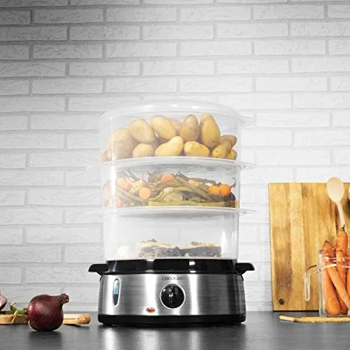 Cecotec ▫️ Vaporizador elétrico Vapovita 3000 Inox, 3 recipientes independentes, taça para cozinhar arroz, suportes para cozinhar ovos, temporizador de 60 minutos, 2 entradas laterais de água, cinzento, 800 W 2