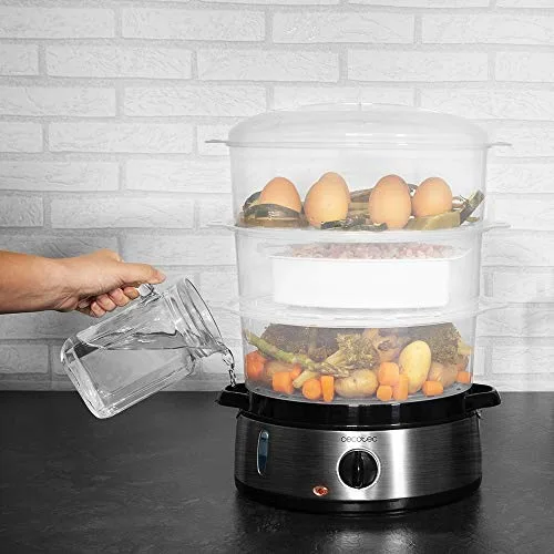 Cecotec ▫️ Vaporizador elétrico Vapovita 3000 Inox, 3 recipientes independentes, taça para cozinhar arroz, suportes para cozinhar ovos, temporizador de 60 minutos, 2 entradas laterais de água, cinzento, 800 W 3