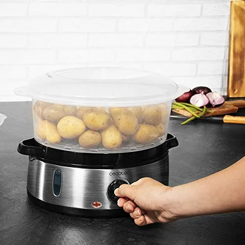 Cecotec ▫️ Vaporizador elétrico Vapovita 3000 Inox, 3 recipientes independentes, taça para cozinhar arroz, suportes para cozinhar ovos, temporizador de 60 minutos, 2 entradas laterais de água, cinzento, 800 W 4