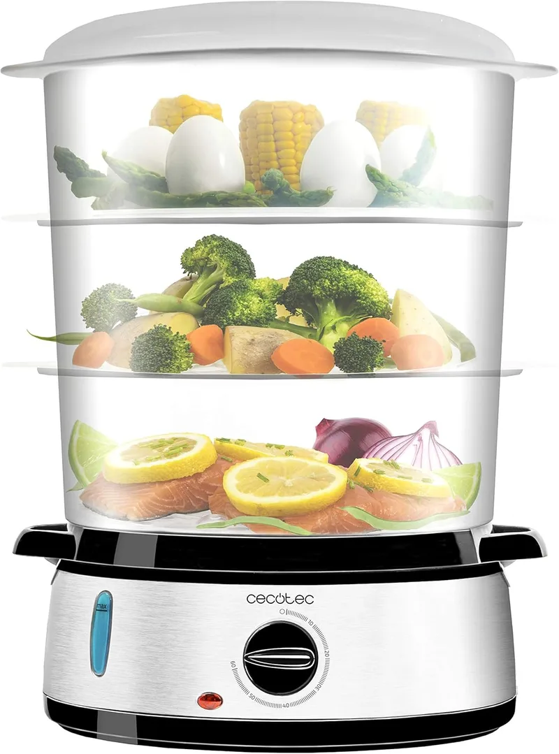 Cecotec ▫️ Vaporizador elétrico Vapovita 3000 Inox, 3 recipientes independentes, taça para cozinhar arroz, suportes para cozinhar ovos, temporizador de 60 minutos, 2 entradas laterais de água, cinzento, 800 W