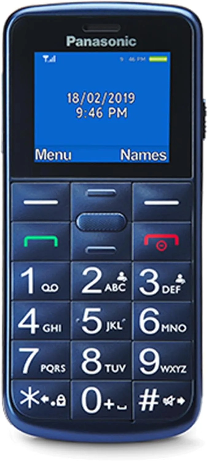 Panasonic ▫️ KX-TU110EXC 2G, Telemóvel para Seniores, com botão SOS, Chamada Prioritária, Telefone de Botão Grande, Bluetooth, Lanterna, Câmara, Azul