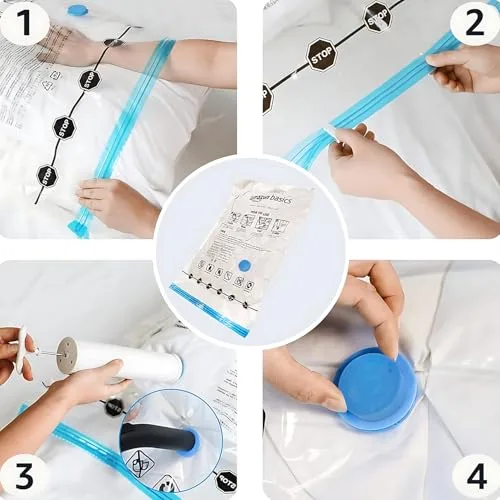 Amazon Basics ▫️ Conjunto de 6 sacos a vácuo para arrumação de roupa, inclui bomba manual de vácuo, com fecho de correr, tamanho extragrande (Jumbo), transparente 2
