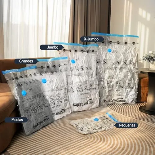 Amazon Basics ▫️ Conjunto de 6 sacos a vácuo para arrumação de roupa, inclui bomba manual de vácuo, com fecho de correr, tamanho extragrande (Jumbo), transparente 3