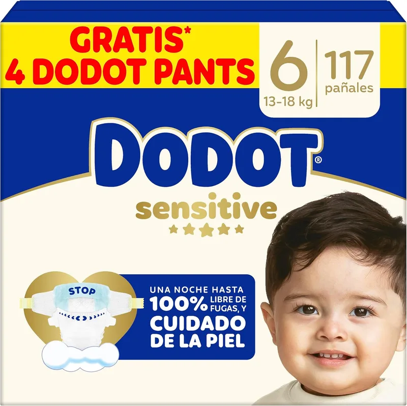 DODOT ▫️ Fraldas Sensitive para bebé, Tamanho 6 (+13 kg), 117 fraldas + 4 calças Activity de oferta, N.º 1 em proteção da pele Embalagem mensal