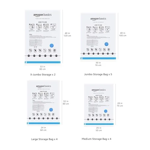 Amazon Basics ▫️ Sacos a vácuo para armazenamento, com fecho de correr, incluem abertura para aspirador, 15 unidades, 2 extragrandes, 5 grandes, 4 médios e 4 pequenos, Branco 4