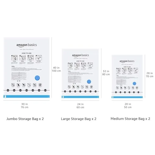 Amazon Basics ▫️ Sacos a vácuo com fecho de correr para arrumação, com abertura para aspirador, 6 unidades (2 extragrandes, 2 grandes e 2 médias), transparentes 5