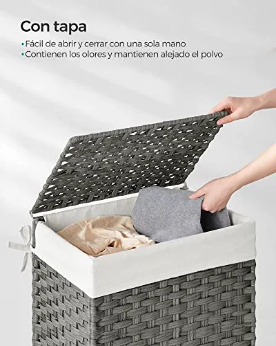 SONGMICS ▫️ Cesto para roupa suja, 90 L, rattan sintético, com tampa, dobrável 3