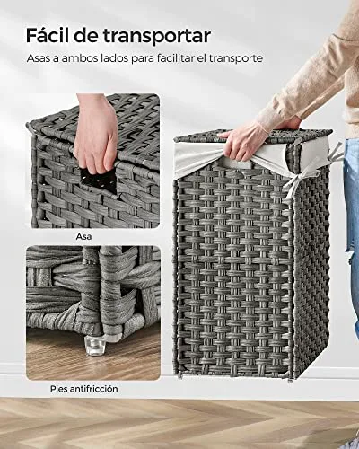 SONGMICS ▫️ Cesto para roupa suja, 90 L, rattan sintético, com tampa, dobrável 4