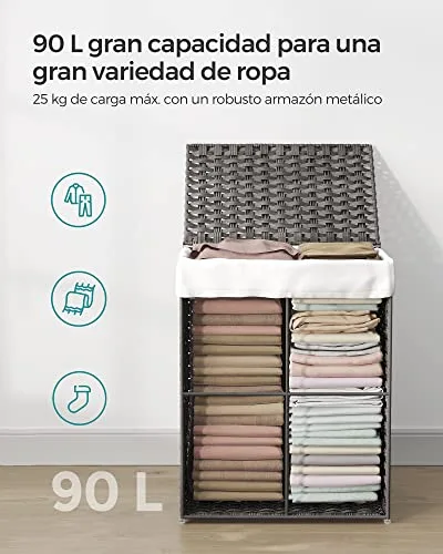 SONGMICS ▫️ Cesto para roupa suja, 90 L, rattan sintético, com tampa, dobrável 5