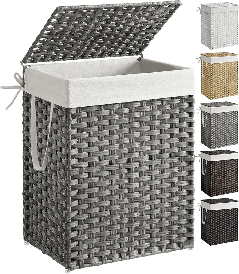 SONGMICS ▫️ Cesto para roupa suja, 90 L, rattan sintético, com tampa, dobrável