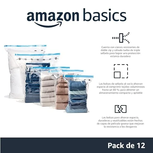 Amazon Basics ▫️ Sacos a vácuo para arrumação, com abertura para aspirador, 12 unidades, 3 extragrandes, 3 grandes, 3 médias e 3 pequenas, com fecho de correr, brancos 2