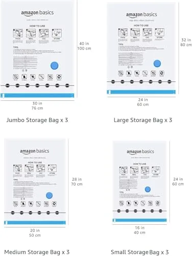 Amazon Basics ▫️ Sacos a vácuo para arrumação, com abertura para aspirador, 12 unidades, 3 extragrandes, 3 grandes, 3 médias e 3 pequenas, com fecho de correr, brancos 5