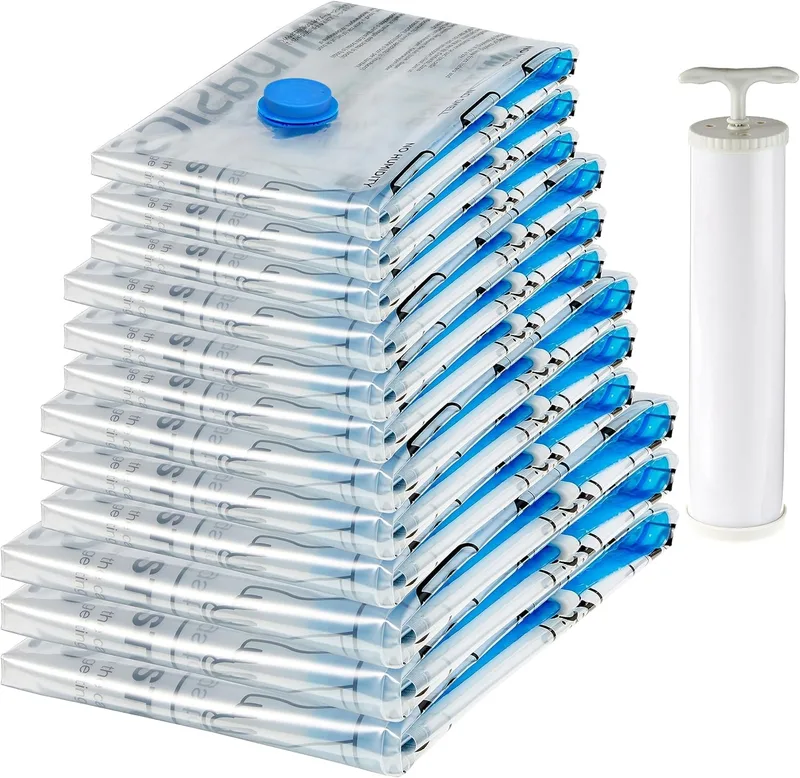Amazon Basics ▫️ Sacos a vácuo para arrumação, com abertura para aspirador, 12 unidades, 3 extragrandes, 3 grandes, 3 médias e 3 pequenas, com fecho de correr, brancos