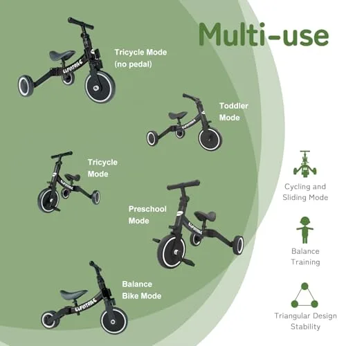 besrey ▫️ Triciclos para Crianças, 5 em 1: Uma Bicicleta Multifuncional, Adequado para crianças dos 1 aos 4 anos, Triciclo, Bicicleta, Carro de Equilíbrio, Andador, Altura do Assento Ajustável, Preto 2