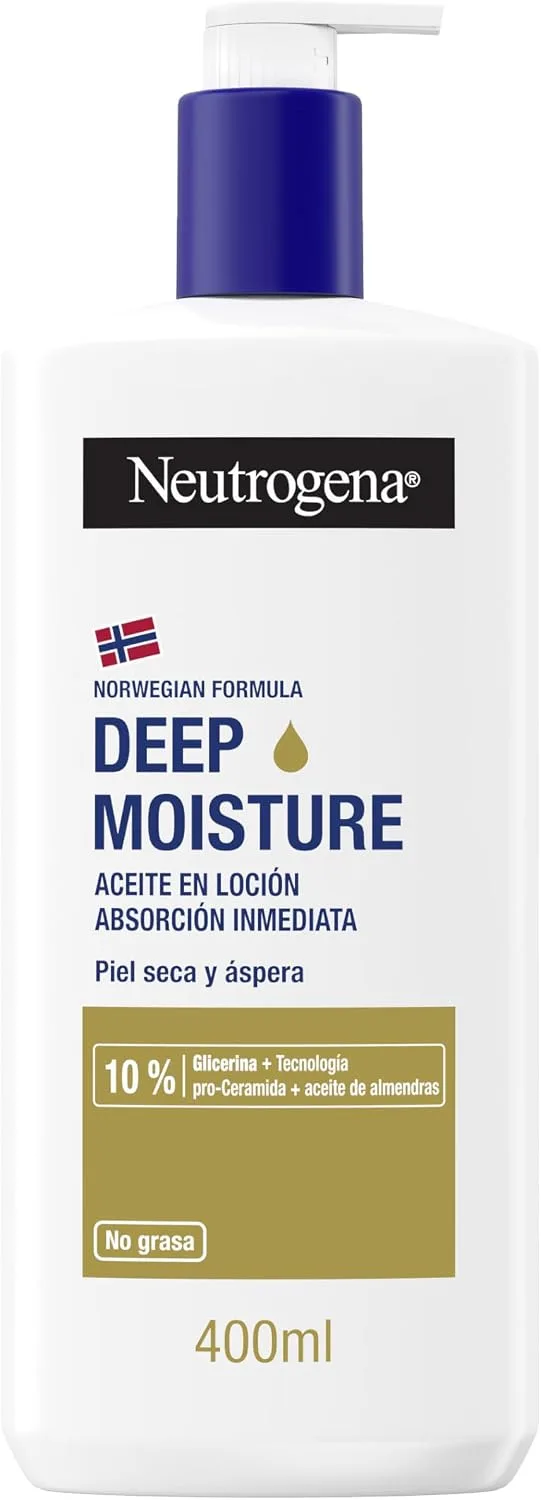 Neutrogena ▫️ Fórmula Norueguesa Hidratação Profunda Loção corporal de absorção imediata enriquecida com óleo de amêndoa (400 ml), creme hidratante com tecnologia Pro-Ceramida