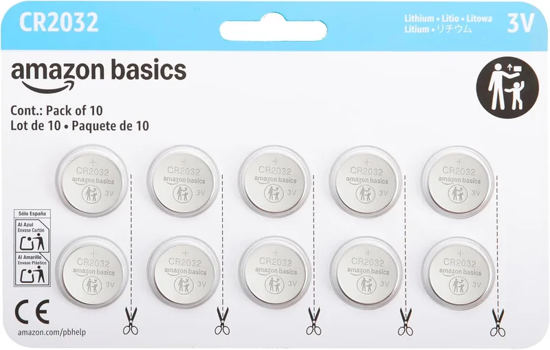 Amazon Basics ▫️ Conjunto de 10 pilhas tipo botão de lítio CR2032, 3 volts, longa duração, sem mercúrio