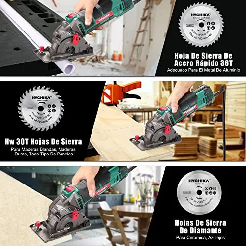 HYCHIKA BETTER TOOLS FOR BETTER LIFE ▫️ Mini-serra circular manual HYCHIKA de 500 W e 4500 rpm, com 3 lâminas de 30T, 36T e de diamante, ideal para cortar azulejos, madeira, metal macio e plástico 6