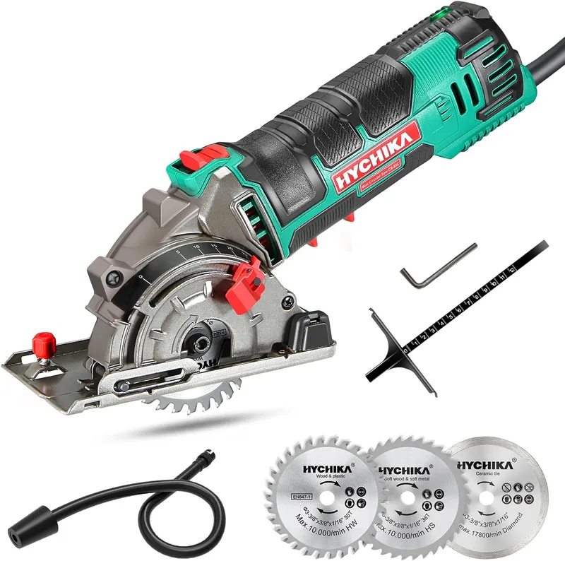 HYCHIKA BETTER TOOLS FOR BETTER LIFE ▫️ Mini-serra circular manual HYCHIKA de 500 W e 4500 rpm, com 3 lâminas de 30T, 36T e de diamante, ideal para cortar azulejos, madeira, metal macio e plástico