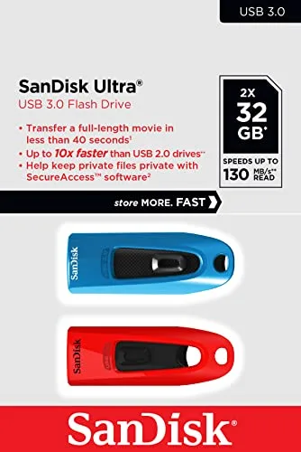 SANDISK ▫️ Pen USB Ultra de 32 GB, USB 3.0, velocidade de leitura até 130 MB/s - Conjunto de duas unidades, Vermelho/Azul 2