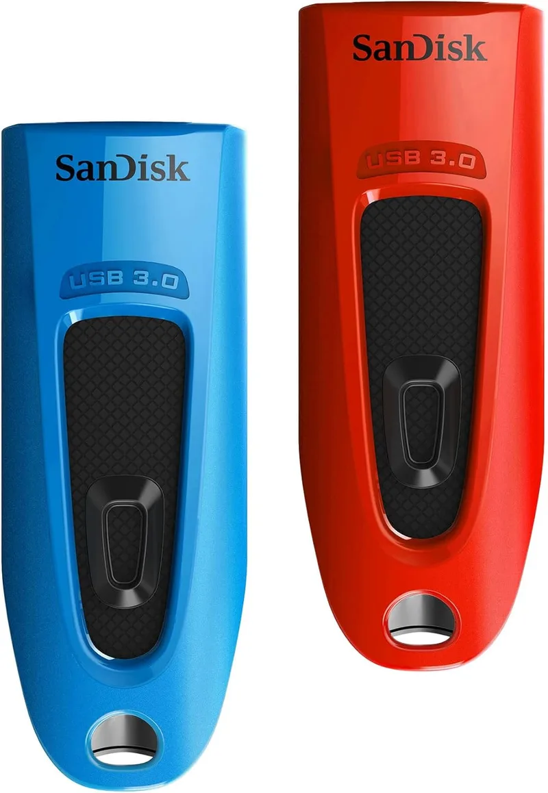 SanDisk ▫️ Pen USB Ultra de 32 GB, USB 3.0, velocidade de leitura até 130 MB/s - Conjunto de duas unidades, Vermelho/Azul