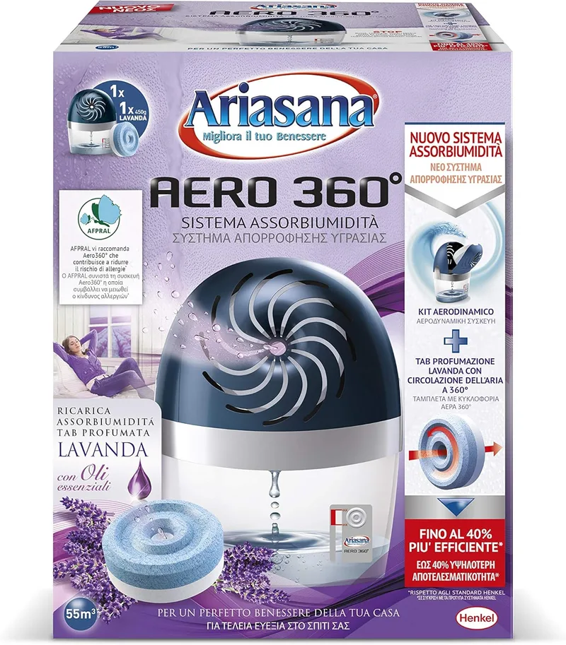 Ariasana ▫️ 2484687 Aero 360 Kit + Pastilha de Lavanda, 450 g | Anticondensação, bolor e humidade, não elétrico, silencioso, recarregável, fácil de utilizar, aroma a lavanda, pastilha incluída