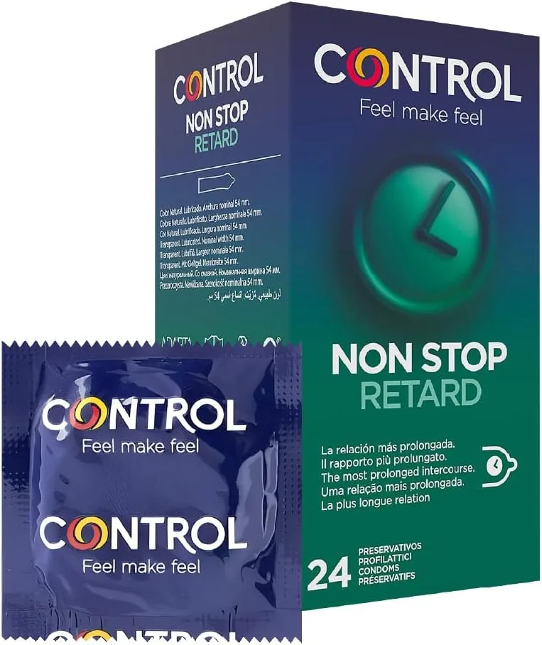 CONTROL ▫️ Preservativos Non Stop Retard - Caixa de preservativos retardantes para relações sexuais mais longas, lubrificados, ajuste perfeito, sexo seguro, 24 unidades (embalagem económica)