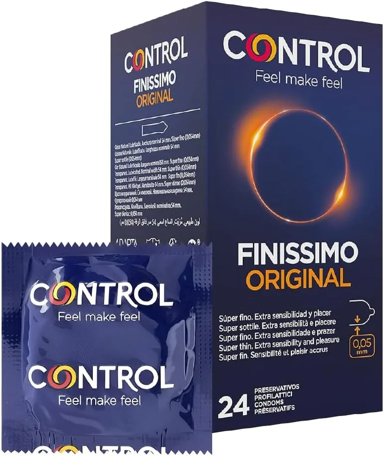 CONTROL ▫️ Preservativos Finissimo Original. Embalagem económica com 24 preservativos superfinos, extra sensíveis, lubrificados, para sexo seguro. Desfruta de um ajuste perfeito para uma relação segura