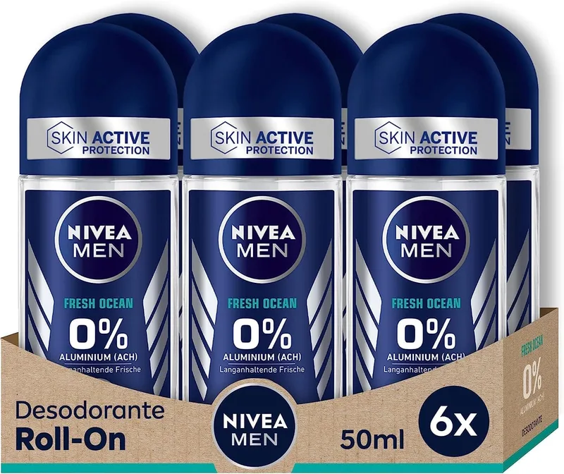 NIVEA MEN ▫️ Fresh Ocean - Desodorizante Roll-On Antitranspirante para homem - 48h de proteção contra o odor - Fórmula InfiniFresh sem alumínio - Fragrância fresca de longa duração - Embalagem 6 x 50 ml