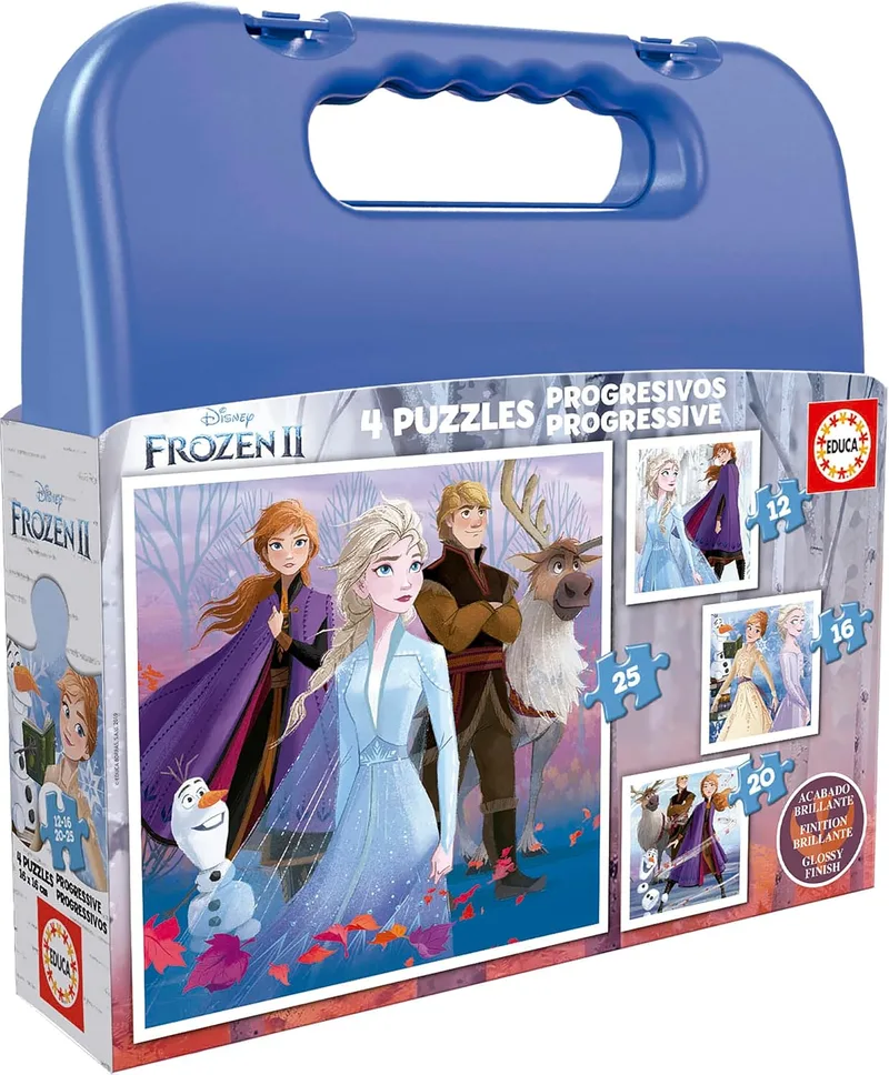 Educa ▫️ Frozen II Mala. Conjunto de 4 puzzles progressivos para crianças de 12 a 25 peças. Tamanho quando montado: 16 x 16 cm. Composto por peças grandes A partir dos 3 anos (18114)