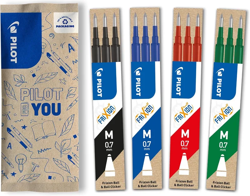 PILOT ▫️ Caixa com 4 conjuntos de 3 recargas FriXion - Recargas para canetas apagáveis - Compatíveis com FriXion Ball e FriXion Ball Clicker - Azul, Preto, Verde, Vermelho - Ponta média (12 recargas)
