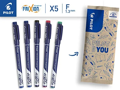 PILOT ▫️ Caixa com 5 marcadores FriXion Fineliner - Marcadores apagáveis com tinta termosensível - 2 azuis, 1 preto, 1 vermelho, 1 verde - Ponta média 2