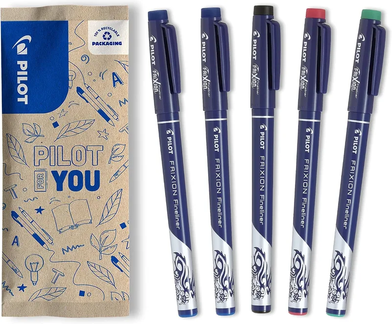 PILOT ▫️ Caixa com 5 marcadores FriXion Fineliner - Marcadores apagáveis com tinta termosensível - 2 azuis, 1 preto, 1 vermelho, 1 verde - Ponta média