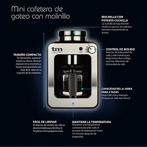 TM Electron ▫️ TMPCF020S Mini-máquina de café por gotejamento com moedor de grãos, 4 chávenas, 600 W e filtro lavável. Compatível com café moído, 600 W, 6 chávenas, aço inoxidável, prateado 2