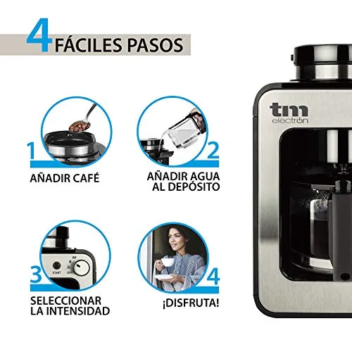 TM Electron ▫️ TMPCF020S Mini-máquina de café por gotejamento com moedor de grãos, 4 chávenas, 600 W e filtro lavável. Compatível com café moído, 600 W, 6 chávenas, aço inoxidável, prateado 3