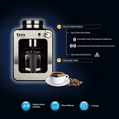 TM Electron ▫️ TMPCF020S Mini-máquina de café por gotejamento com moedor de grãos, 4 chávenas, 600 W e filtro lavável. Compatível com café moído, 600 W, 6 chávenas, aço inoxidável, prateado 4
