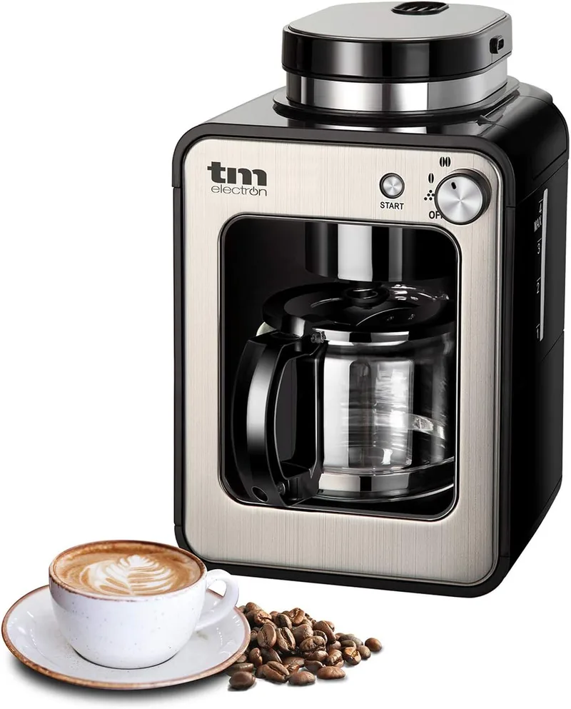 TM Electron ▫️ TMPCF020S Mini-máquina de café por gotejamento com moedor de grãos, 4 chávenas, 600 W e filtro lavável. Compatível com café moído, 600 W, 6 chávenas, aço inoxidável, prateado