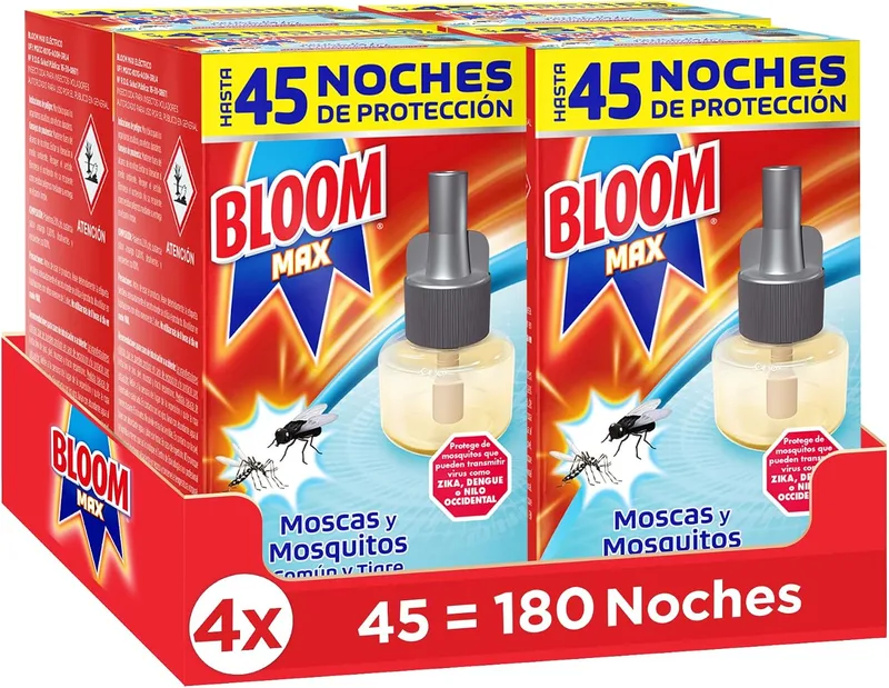 Bloom ▫️ Max - embalagem com 4 recargas de líquido, inseticida elétrico contra moscas e mosquitos comuns e tigre