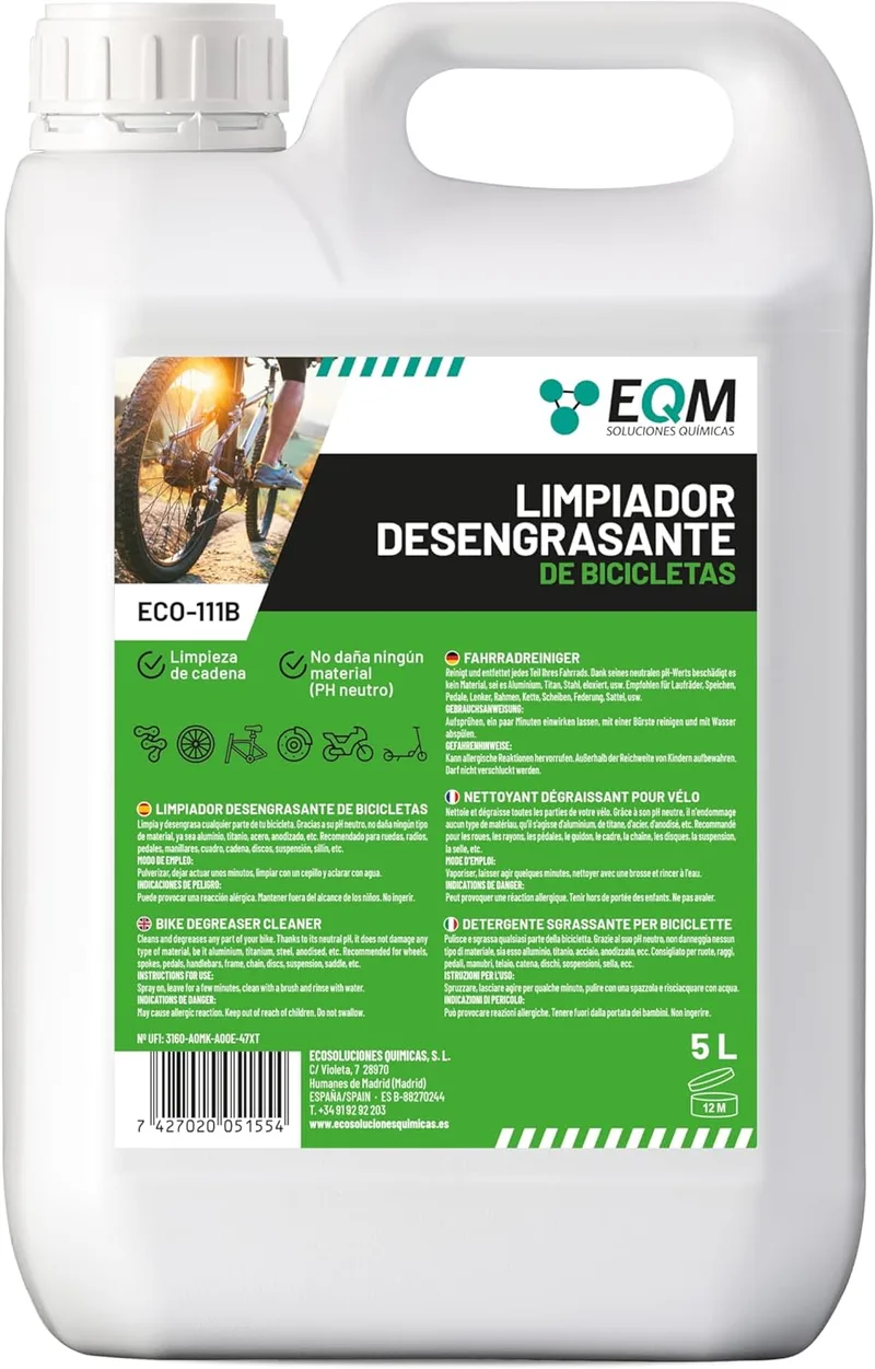 EQM SOLUCIONES QUIMICAS ▫️ EQM - ECO-111B - Desengordurante neutro para bicicletas - 5 L - Adequado para qualquer material (alumínio, titânio, aço, anodizado, etc.) - Desengordurante para correntes