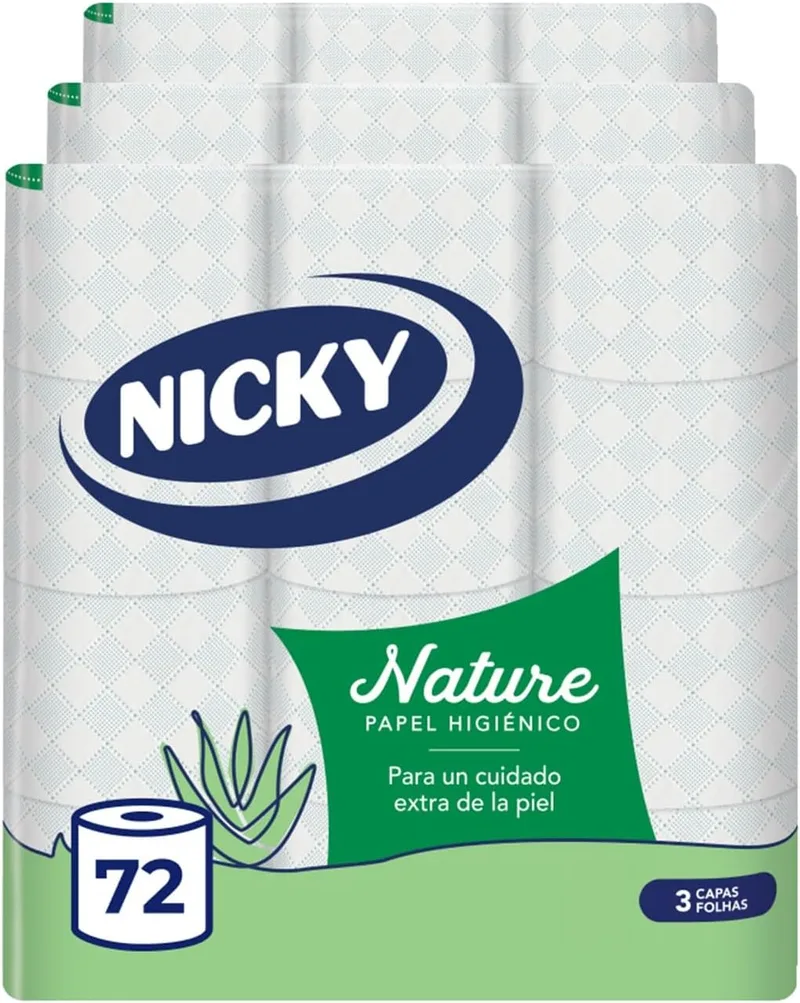 Nicky ▫️ Nature, 72 rolos de papel higiénico, 3 camadas