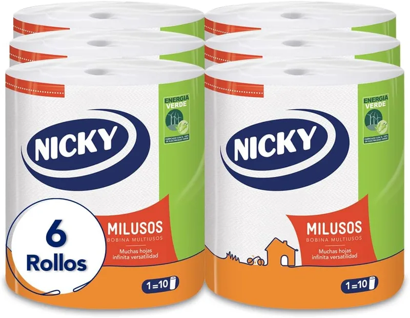 Nicky ▫️ Milusos, 6 rolos de papel de cozinha, 2 camadas | 300 folhas por rolo, superabsorvente e resistente, papel 100% certificado pela FSC, branco