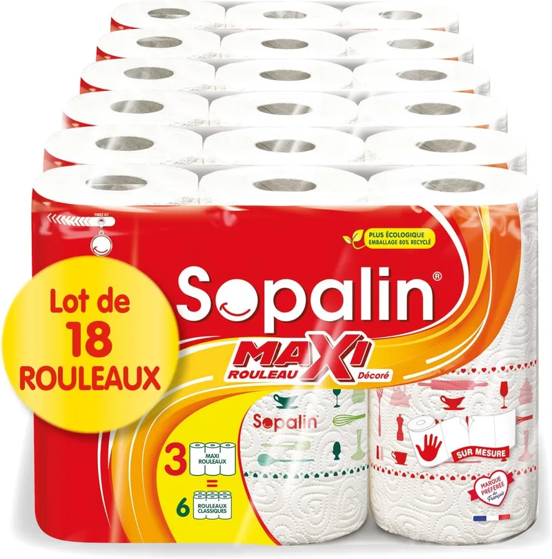 Sopalin ▫️ Maxi Rolls Decorados - x18 Maxi Rolls = 36 rolos clássicos - Dupla espessura - Meia folha - Embalagem feita de, pelo menos, 80% de plástico reciclado - Papel com certificação FSC Mixed