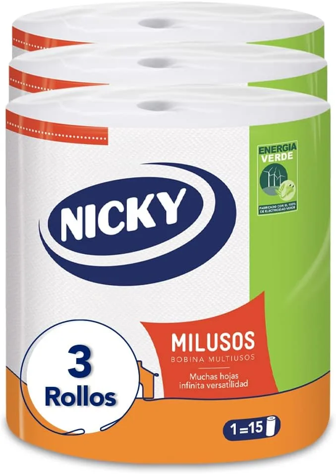 Nicky ▫️ Papel de cozinha Milusos - 3 rolos, 535 folhas, 2 folhas por rolo, super absorvente e resistente, 100% certificado FSC, branco