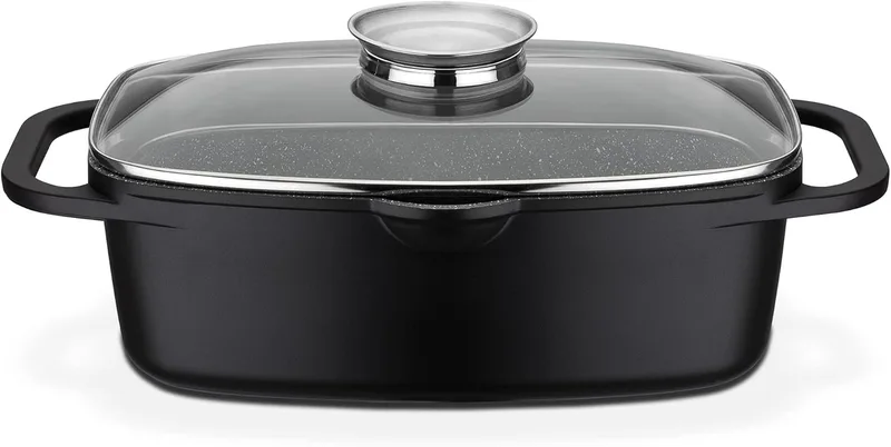 GSW ▫️ Universal Gourmet Granite Saucepan, com tampa, ideal para estufar, assar e grelhar, também para indução e forno, preto, alumínio fundido, 6 litros