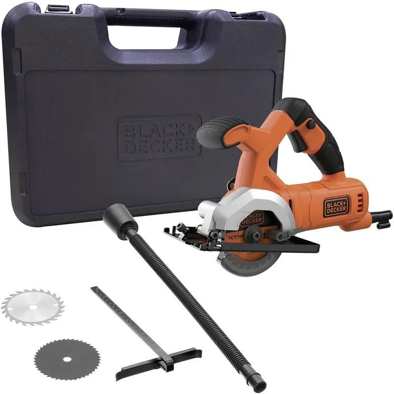 Black+Decker ▫️ Mini serra circular com fio de 400 W, 85 mm, 3600 RPM, profundidade de corte de 27 mm, inclui 2 discos (TCT 24T e HSS 44T), adaptador para aspirador, guia de corte paralela, BES510