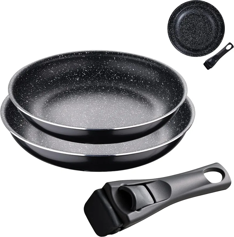 Bergner ▫️ Edição Black | Conjunto de frigideiras | 2 frigideiras de alumínio prensado de 24 e 28 cm | com cabo ergonómico intercambiável | Utensílios de cozinha | para todos os tipos de fogões