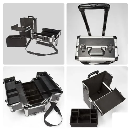 Perel ▫️ Mala de ferramentas com rodas em alumínio preto, trolley com pega telescópica, 3 compartimentos com organizador e tabuleiro interior, fechadura com 2 chaves, 370 x 225 x 670 mm, 66,9 l 3