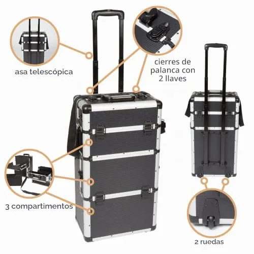Perel ▫️ Mala de ferramentas com rodas em alumínio preto, trolley com pega telescópica, 3 compartimentos com organizador e tabuleiro interior, fechadura com 2 chaves, 370 x 225 x 670 mm, 66,9 l 5