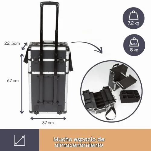 Perel ▫️ Mala de ferramentas com rodas em alumínio preto, trolley com pega telescópica, 3 compartimentos com organizador e tabuleiro interior, fechadura com 2 chaves, 370 x 225 x 670 mm, 66,9 l 6